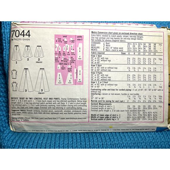 Simplicity 7044 Sewing pattern A line skirt wide leg pants vest 1970s size 10 - Picture 3 of 5